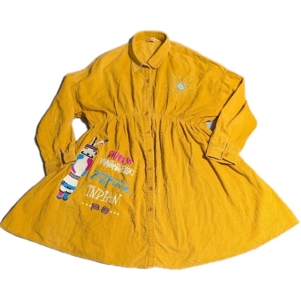 ELFSACK Corduroy Shirt Dress Womens S Mustard Embroidered Cartoon Tunic